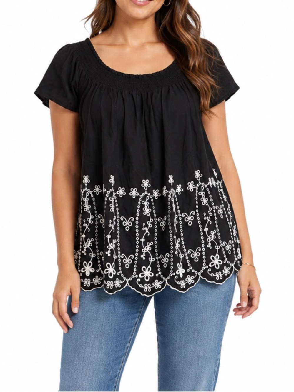 Old Navy Black White Eyelet Embroidered Peasant Top Large Boho Scallop Hem
